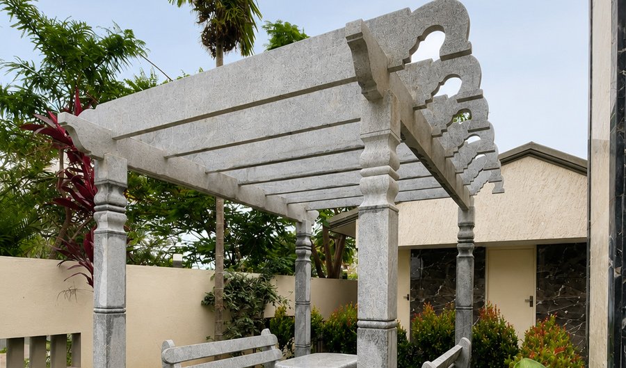 Handcrafted Stone Pergola & Bench at Quiet Courtyard